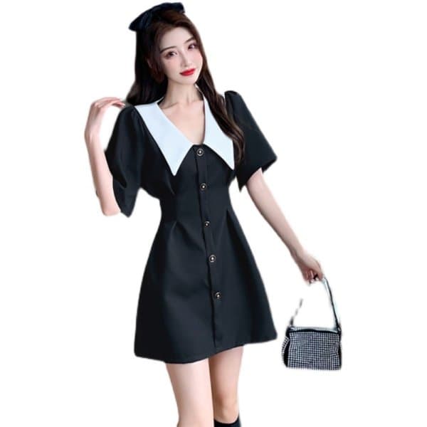 여름 새로운 빅 사이즈 베이비 칼라 검정색 치마 허리 수축 품격 반팔 드레스 m-4xl200 근 상세 이미지 7