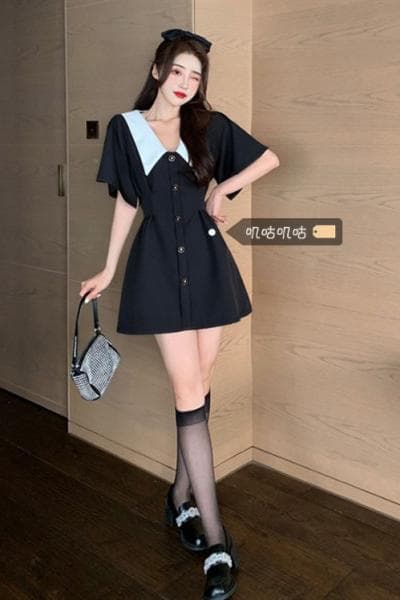 여름 새로운 빅 사이즈 베이비 칼라 검정색 치마 허리 수축 품격 반팔 드레스 m-4xl200 근 상세 이미지 8