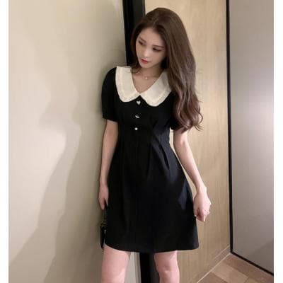 여름 드레스 새로운 빅 사이즈 여성 의류 한국 스타일 베이비 칼라 검정색 치마 허리 수축 품격 반팔 드레스 m-4xl200 근 이미지 3