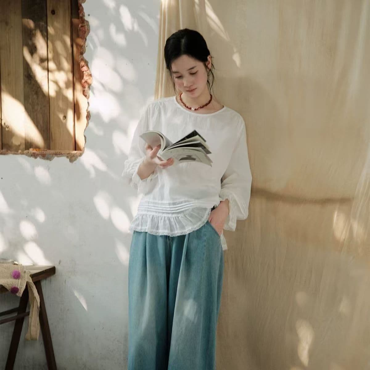 유럽 역 새로운 유럽 상품 달콤함 자수 레이스 라운드 넥 거품 소매 프릴 풀오버 작은 셔츠 상세 이미지 5