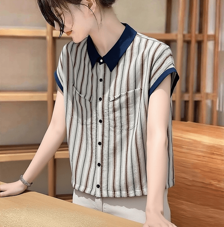 여름 새로운 한국 스타일 배색 POLO 칼라 스트라이프 여성 셔츠 루즈핏 캐주얼 슬림해 보이는 다용도 반팔 맨위