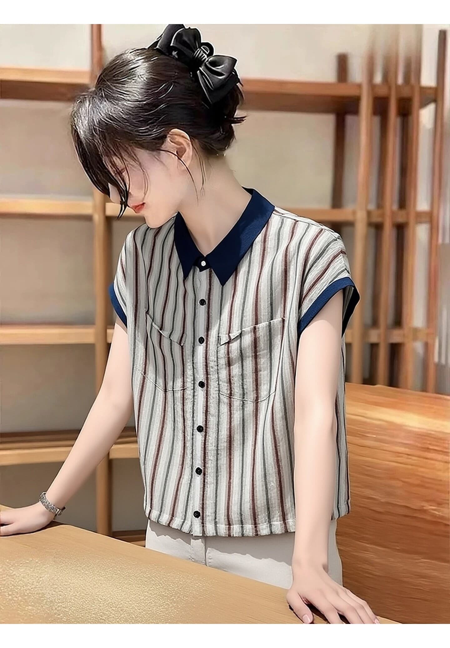 여름 새로운 한국 스타일 배색 POLO 칼라 스트라이프 여성 셔츠 루즈핏 캐주얼 슬림해 보이는 다용도 반팔 맨위 이미지 3