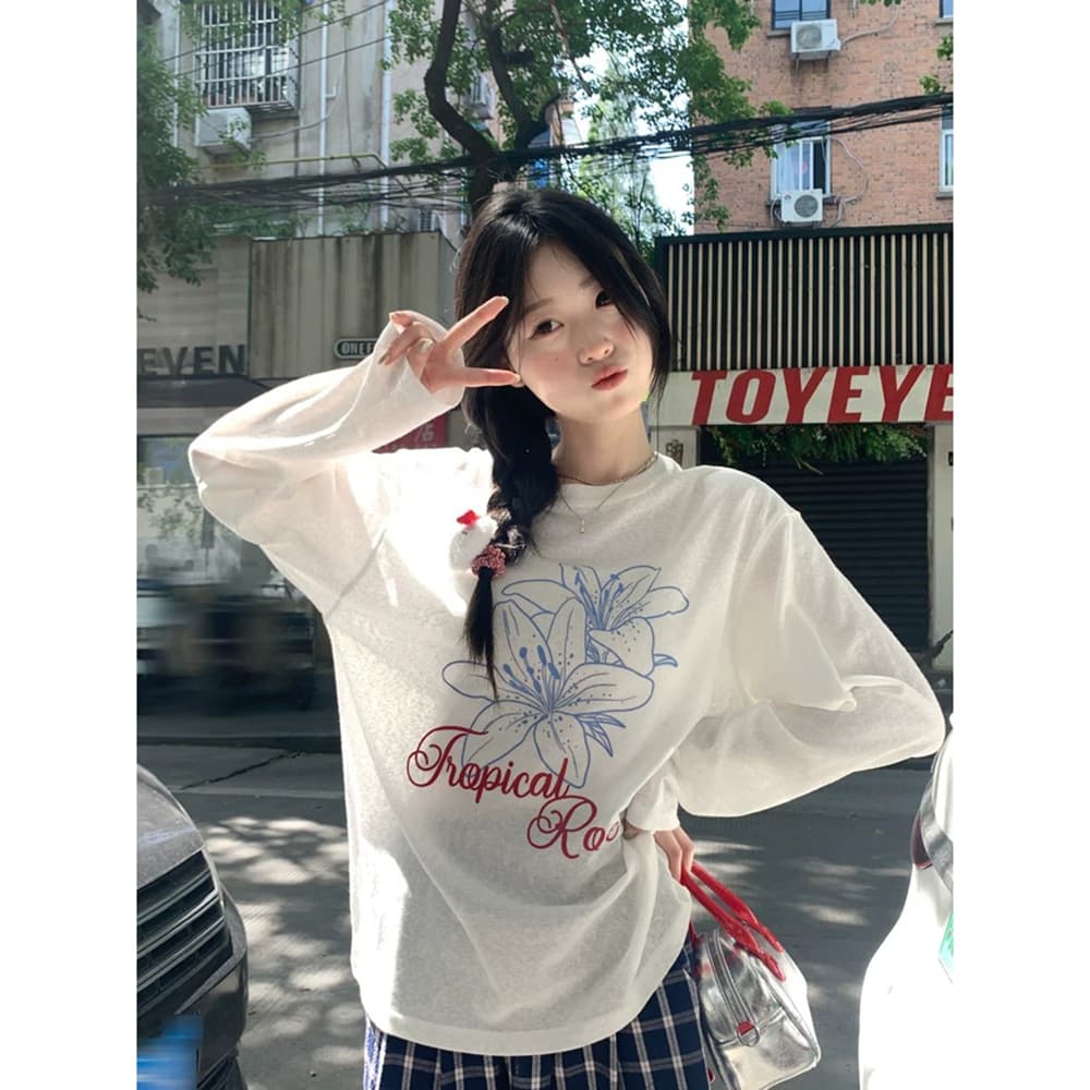 한국 비즈 박기 불가사리 알파벳 프린트 라이 경기 서울 얇은 스타일 긴팔 티셔츠 여성 루즈핏 자외선 차단 블라우스 이미지 2