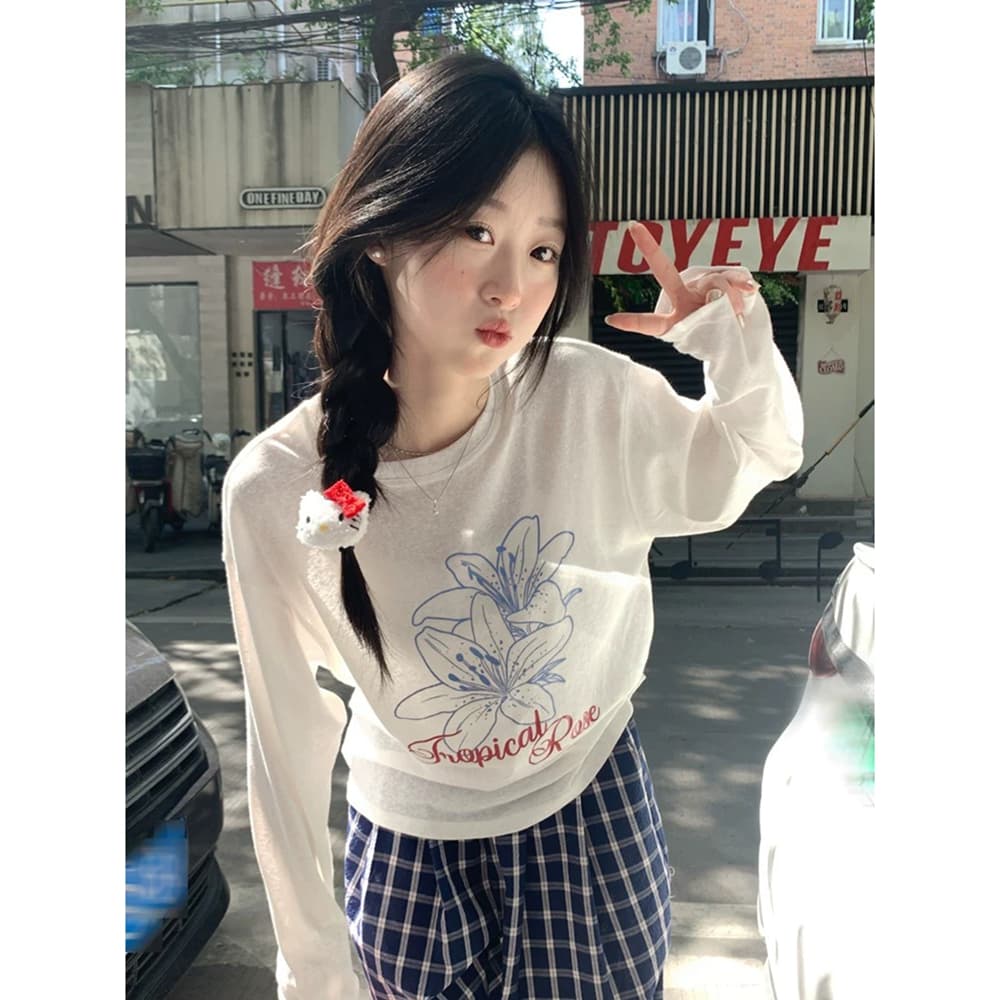 한국 비즈 박기 불가사리 알파벳 프린트 라이 경기 서울 얇은 스타일 긴팔 티셔츠 여성 루즈핏 자외선 차단 블라우스 이미지 3