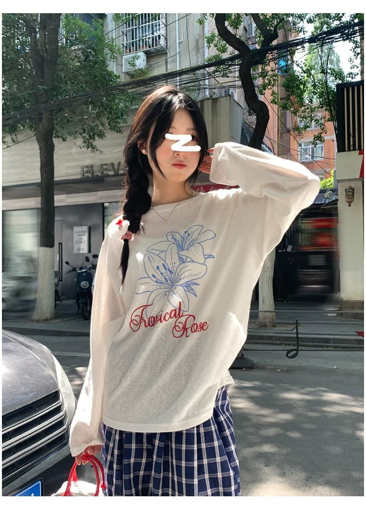 한국 비즈 박기 불가사리 알파벳 프린트 라이 경기 서울 얇은 스타일 긴팔 티셔츠 여성 루즈핏 자외선 차단 블라우스 상세 이미지 4