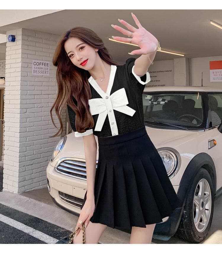 여름 드레스 작은 샤넬 스타일 배색 패치워크 나비 매듭 단추 V넥 디자인 센스 작은 대중 빅 사이즈 셔츠 m-4xl200 근 상세 이미지 9