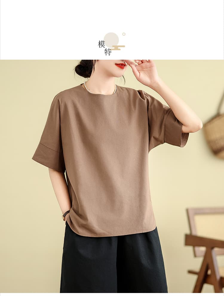 실사 여름 드레스 빅 사이즈 여성 의류 아마 셔츠 패션 셔츠 면 린넨 루즈핏 캐주얼 빅 사이즈 반소매 맨위 상세 이미지 9