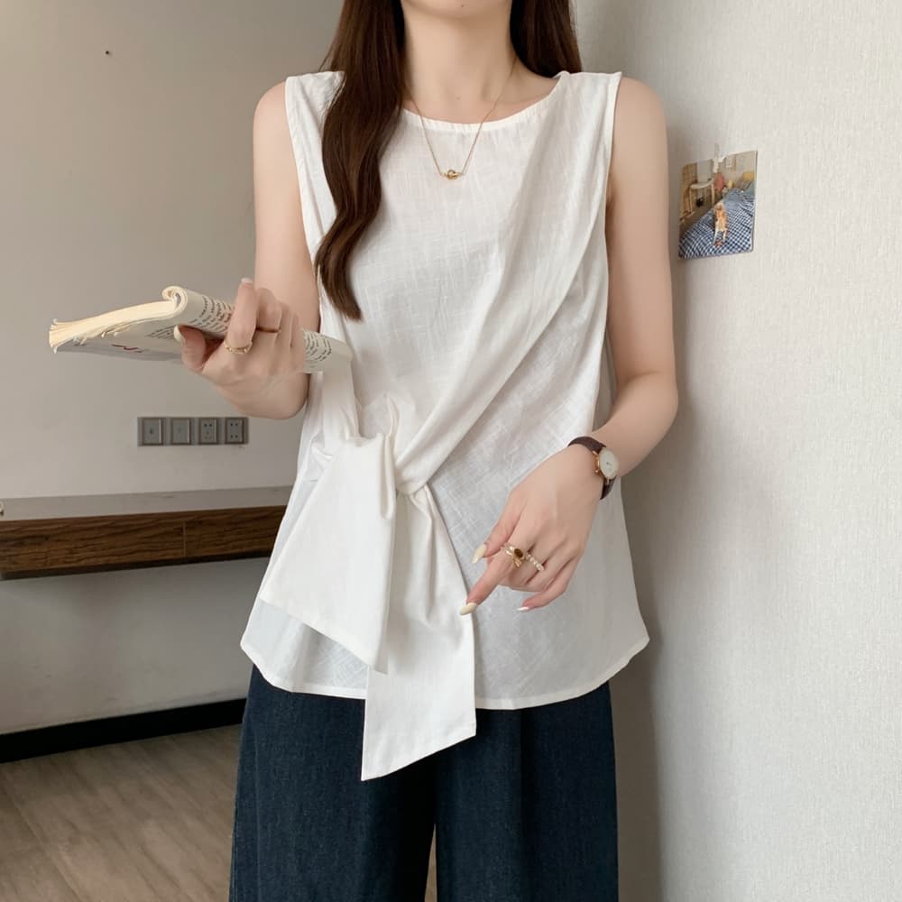 실사 여름 드레스 빅 사이즈 여성 의류 디자인 센스 작은 대중 비틀림 면 린넨 베스트 조끼 품격 외출용 민소매 맨위 이미지 4