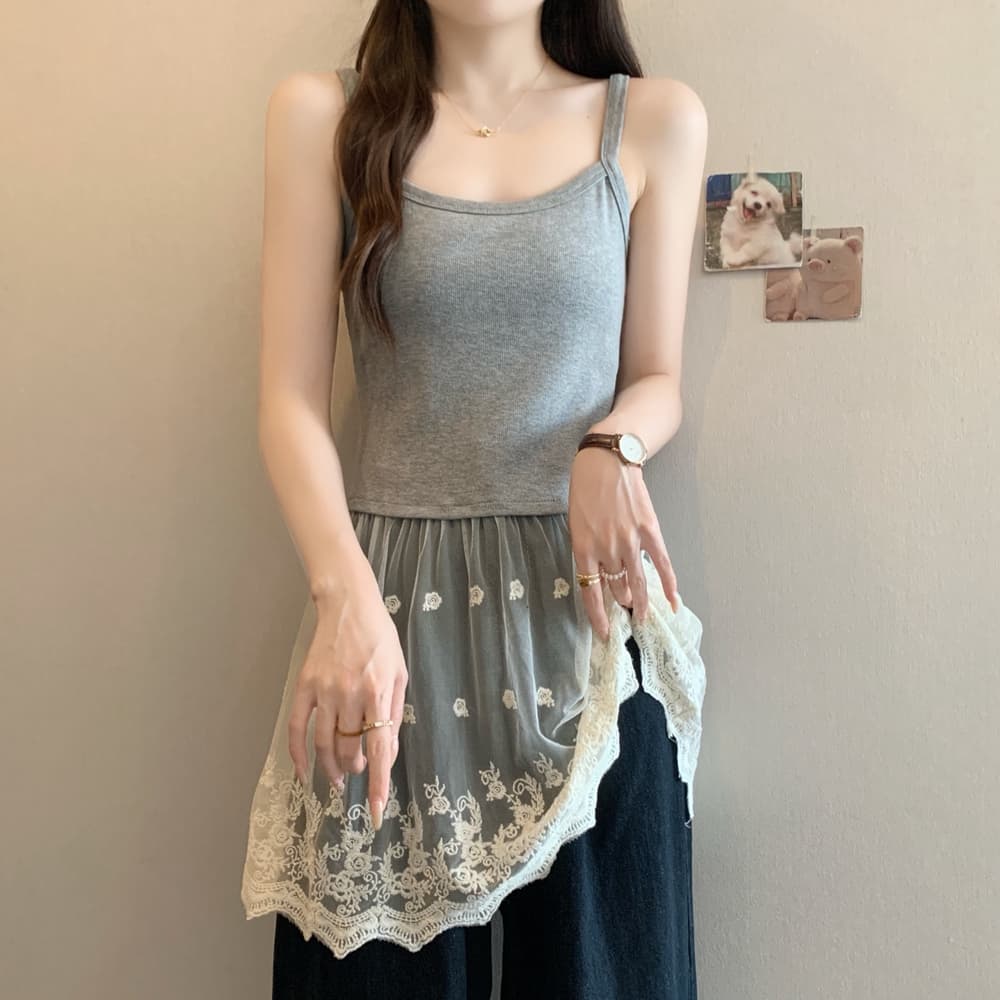 실사 여름 드레스 새로운 빅 사이즈 여성 의류 회색 부드럽다 패치워크 레이스 디자인 센스 슬립 여성 고급 센스 조끼 여성 이미지 6