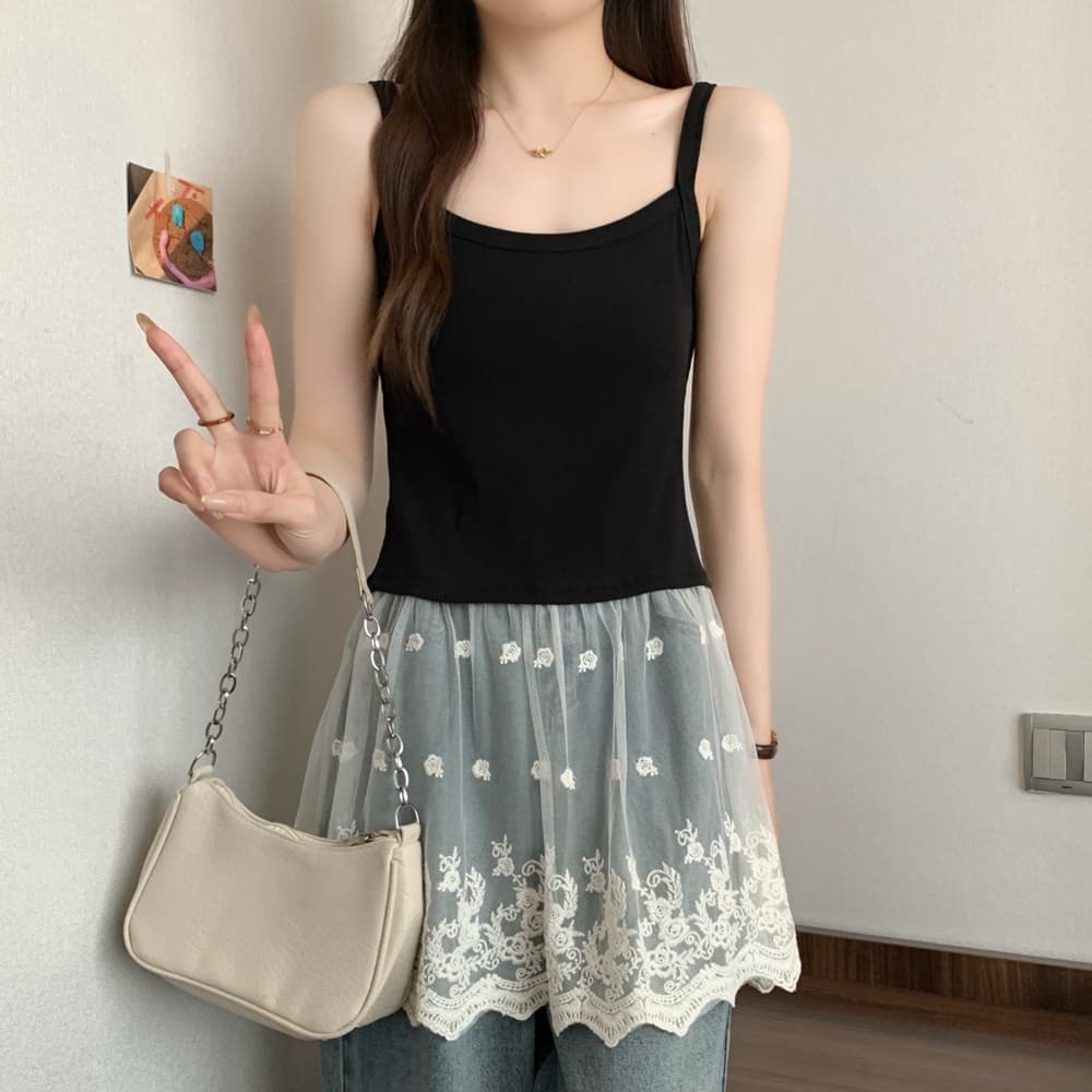 실사 여름 드레스 새로운 빅 사이즈 여성 의류 회색 부드럽다 패치워크 레이스 디자인 센스 슬립 여성 고급 센스 조끼 여성 상세 이미지 4