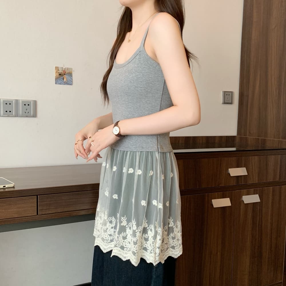 실사 여름 드레스 새로운 빅 사이즈 여성 의류 회색 부드럽다 패치워크 레이스 디자인 센스 슬립 여성 고급 센스 조끼 여성 상세 이미지 16