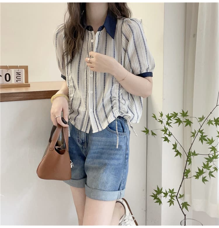 여름 드레스 새로운 세로 줄무늬 폴로 칼라 면 린넨 여성 셔츠 유럽 역 유럽 상품 여성 의류 패션 외국 가스 작은 셔츠 트렌디 이미지 4