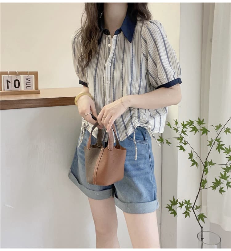 여름 드레스 새로운 세로 줄무늬 폴로 칼라 면 린넨 여성 셔츠 유럽 역 유럽 상품 여성 의류 패션 외국 가스 작은 셔츠 트렌디 상세 이미지 4