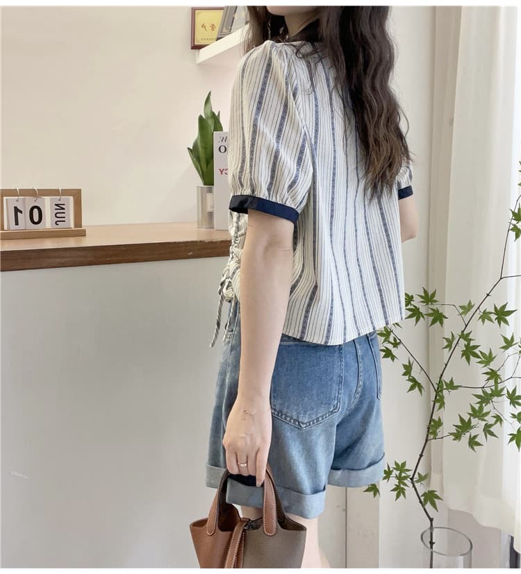 여름 드레스 새로운 세로 줄무늬 폴로 칼라 면 린넨 여성 셔츠 유럽 역 유럽 상품 여성 의류 패션 외국 가스 작은 셔츠 트렌디 상세 이미지 9