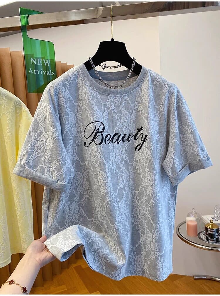 새로운 한 부서 알파벳 레이스 반팔 라운드 넥 티셔츠 여성 여름 자이언트 잘 생긴 ~ 중 오른쪽 맨위 동정 상세 이미지 13