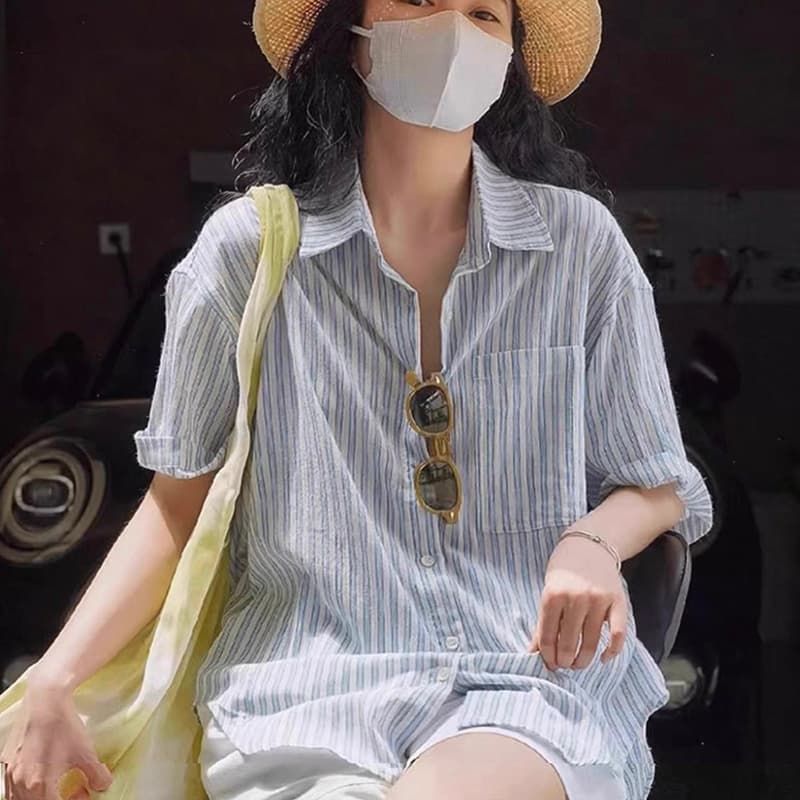 여름 드레스 새로운 빅 사이즈 여성 의류 레트로 스트라이프 면 린넨 반팔 셔츠 느긋한 느슨함 센스 외부 가져 가라. 루즈핏 맨위 이미지 4