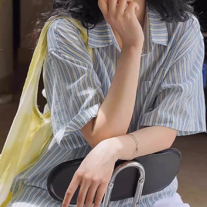 여름 드레스 새로운 빅 사이즈 여성 의류 레트로 스트라이프 면 린넨 반팔 셔츠 느긋한 느슨함 센스 외부 가져 가라. 루즈핏 맨위 이미지 3