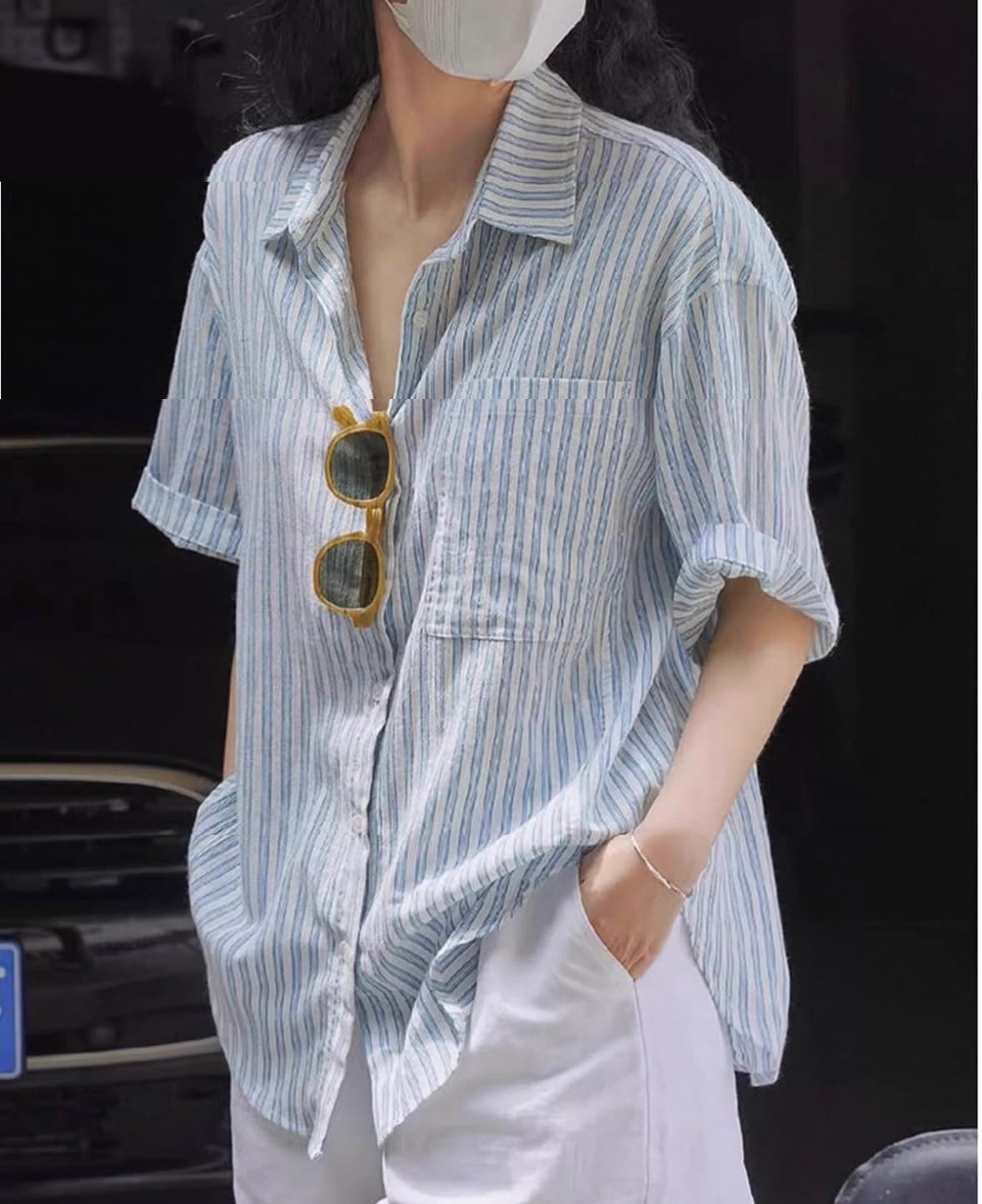 여름 드레스 새로운 빅 사이즈 여성 의류 레트로 스트라이프 면 린넨 반팔 셔츠 느긋한 느슨함 센스 외부 가져 가라. 루즈핏 맨위 상세 이미지 8