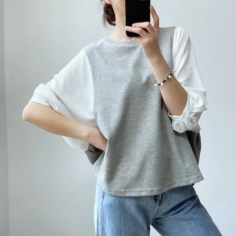 여름 드레스 국경 간 일본과 한국 부서 티셔츠 셔츠 패치워크 색상 Chic 라운드 넥 루즈핏 레트로 디자인 센스 반팔 면 맨위 상세 이미지 7