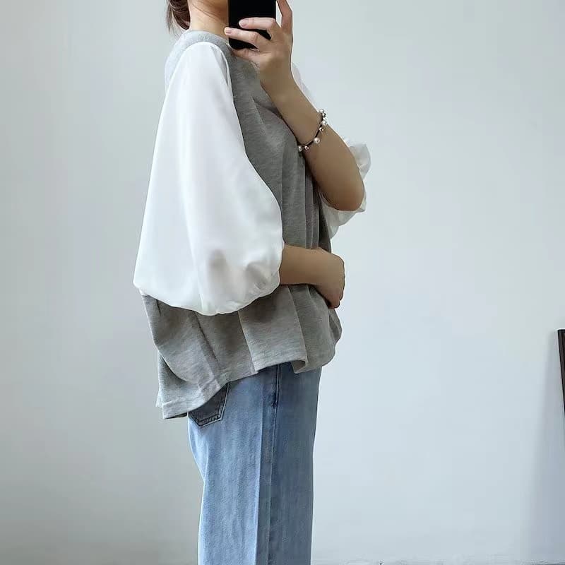 여름 드레스 국경 간 일본과 한국 부서 티셔츠 셔츠 패치워크 색상 Chic 라운드 넥 루즈핏 레트로 디자인 센스 반팔 면 맨위 상세 이미지 8