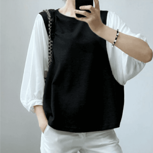 여름 드레스 국경 간 일본과 한국 부서 티셔츠 셔츠 패치워크 색상 Chic 라운드 넥 루즈핏 레트로 디자인 센스 반팔 면 맨위 상세 이미지 9