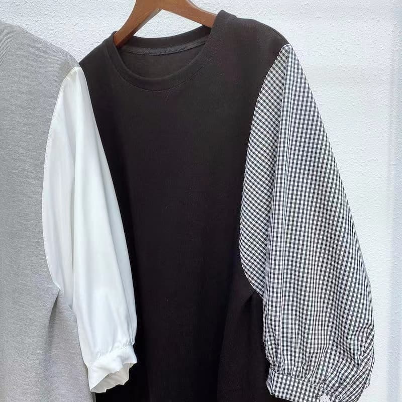여름 드레스 국경 간 일본과 한국 부서 티셔츠 셔츠 패치워크 색상 Chic 라운드 넥 루즈핏 레트로 디자인 센스 반팔 면 맨위 상세 이미지 15