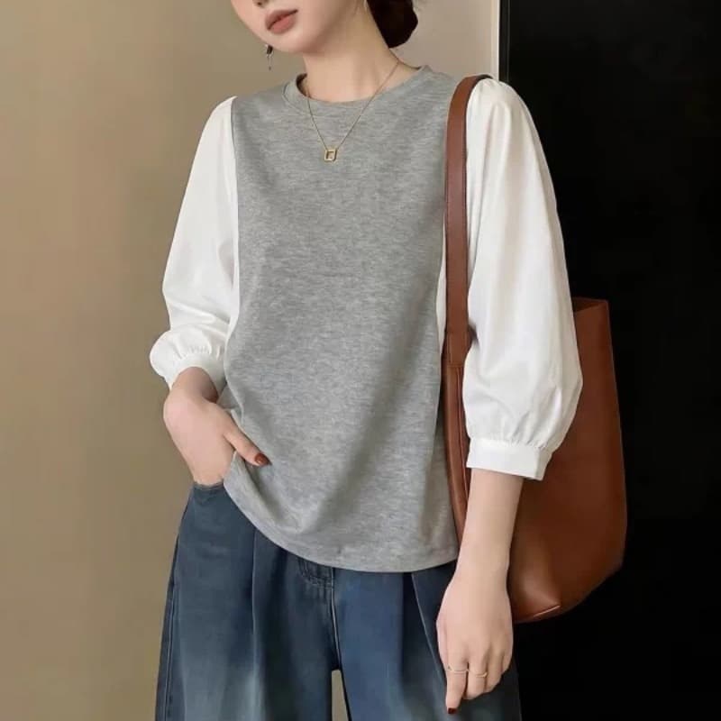 여름 드레스 국경 간 일본과 한국 부서 티셔츠 셔츠 패치워크 색상 Chic 라운드 넥 루즈핏 레트로 디자인 센스 반팔 면 맨위 이미지 5
