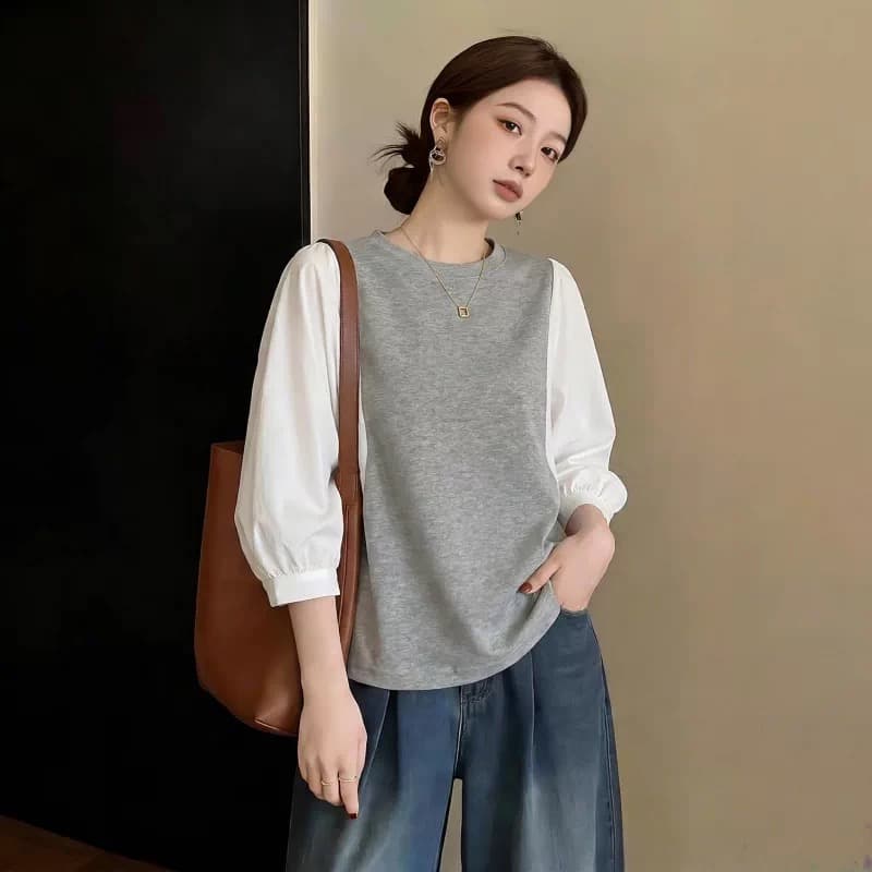 여름 드레스 국경 간 일본과 한국 부서 티셔츠 셔츠 패치워크 색상 Chic 라운드 넥 루즈핏 레트로 디자인 센스 반팔 면 맨위 상세 이미지 2