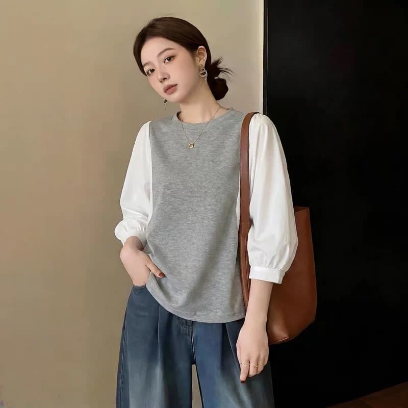 여름 드레스 국경 간 일본과 한국 부서 티셔츠 셔츠 패치워크 색상 Chic 라운드 넥 루즈핏 레트로 디자인 센스 반팔 면 맨위 상세 이미지 3