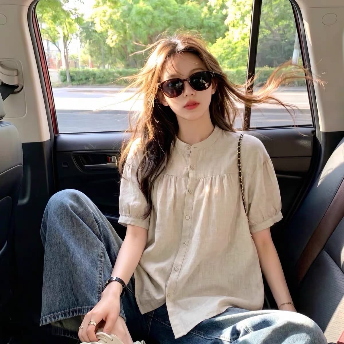 여름 섹션 새로운 빅 사이즈 여성 의류 반팔 면 린넨 맨위 여성 고급 셔츠 폭발 아름다운 외국 가스 작은 셔츠 상세 이미지 5
