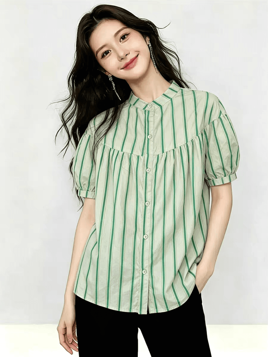 여름 드레스 새로운 스트라이프 셔츠 한국 스타일 출퇴근 스탠드 칼라 벌룬 소매 사탕 색상 반팔 인형 셔츠 상세 이미지 2