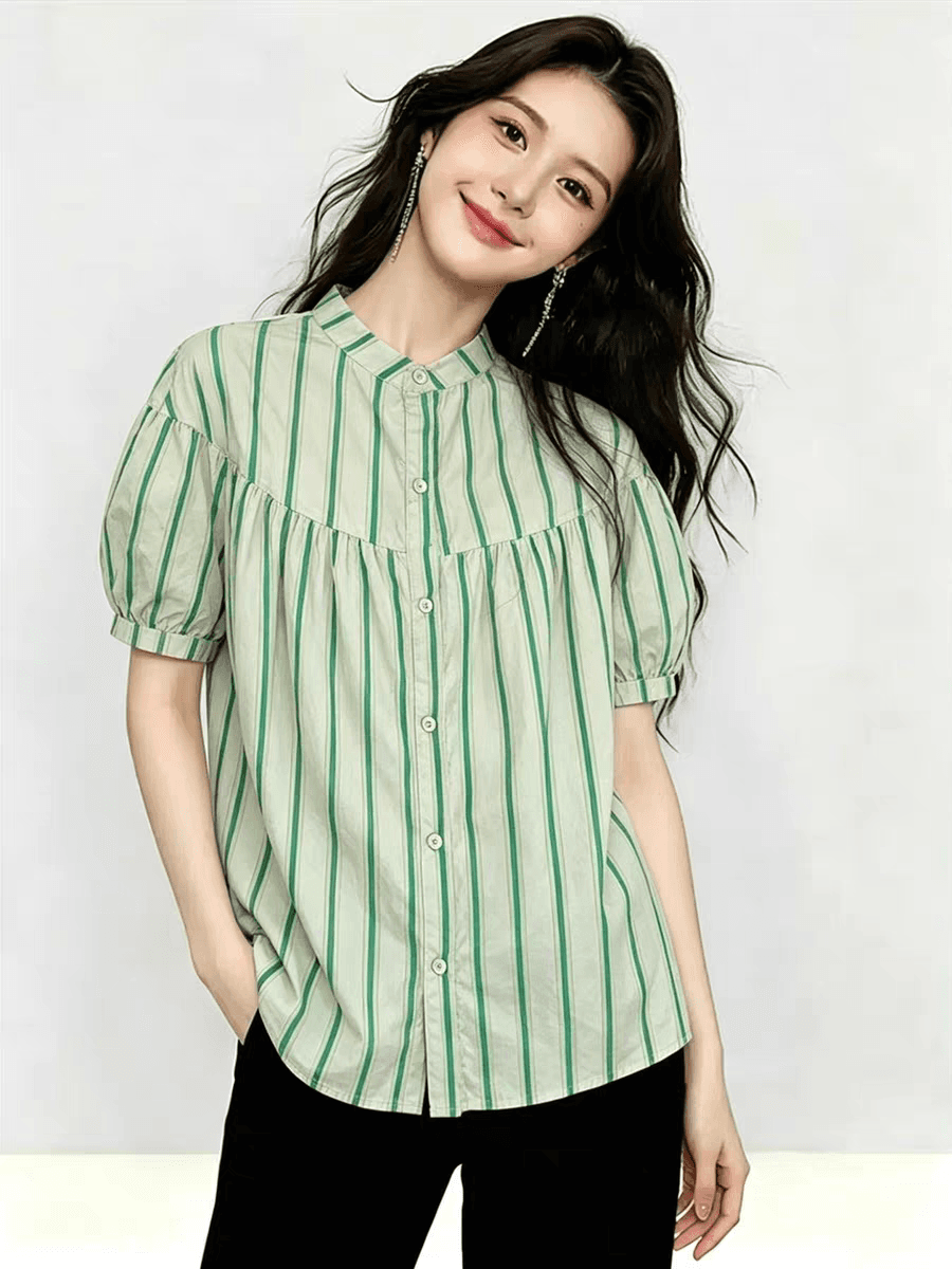 여름 드레스 새로운 스트라이프 셔츠 한국 스타일 출퇴근 스탠드 칼라 벌룬 소매 사탕 색상 반팔 인형 셔츠 상세 이미지 6