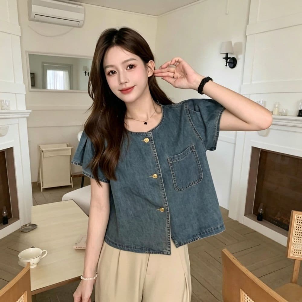 여름 새로운 출퇴근 레트로 라운드 넥 싱글 줄 버튼 데님 셔츠 한국 스타일 루즈핏 반팔 주머니 맨위 트렌디