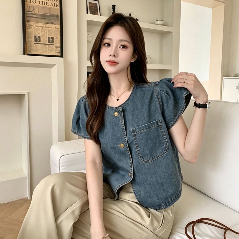 여름 새로운 출퇴근 레트로 라운드 넥 싱글 줄 버튼 데님 셔츠 한국 스타일 루즈핏 반팔 주머니 맨위 트렌디 이미지 3