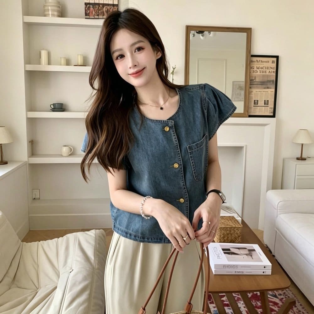 여름 새로운 출퇴근 레트로 라운드 넥 싱글 줄 버튼 데님 셔츠 한국 스타일 루즈핏 반팔 주머니 맨위 트렌디 상세 이미지 8
