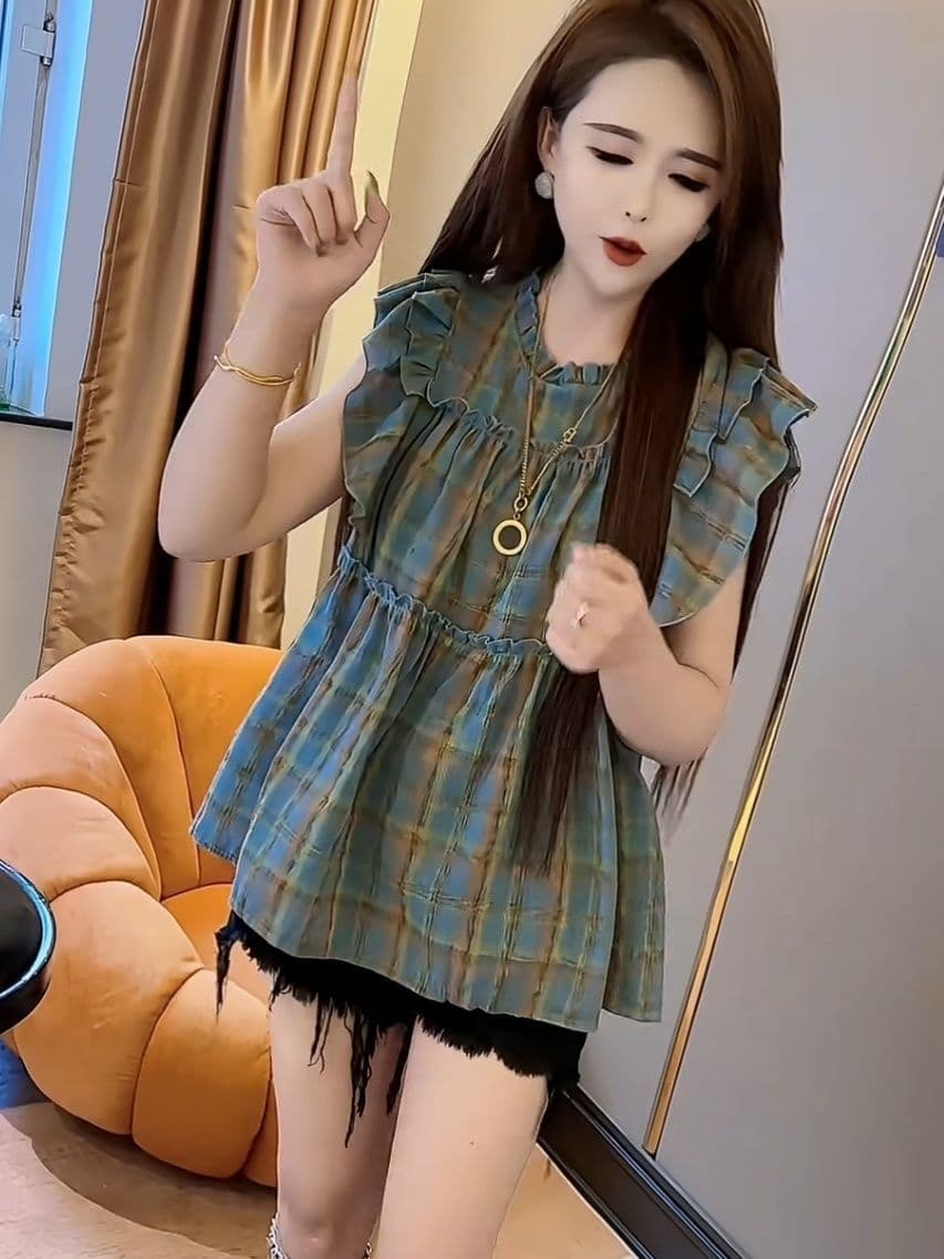 체크무늬 Feifei 소매 셔츠 여름 새로운 달콤함 루즈핏 맨위 디자인 센스 프릴 여성 인형 셔츠 이미지 4