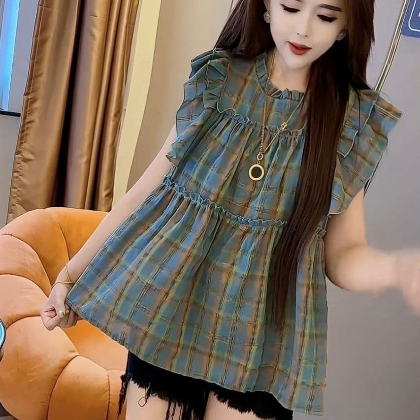 체크무늬 Feifei 소매 셔츠 여름 새로운 달콤함 루즈핏 맨위 디자인 센스 프릴 여성 인형 셔츠