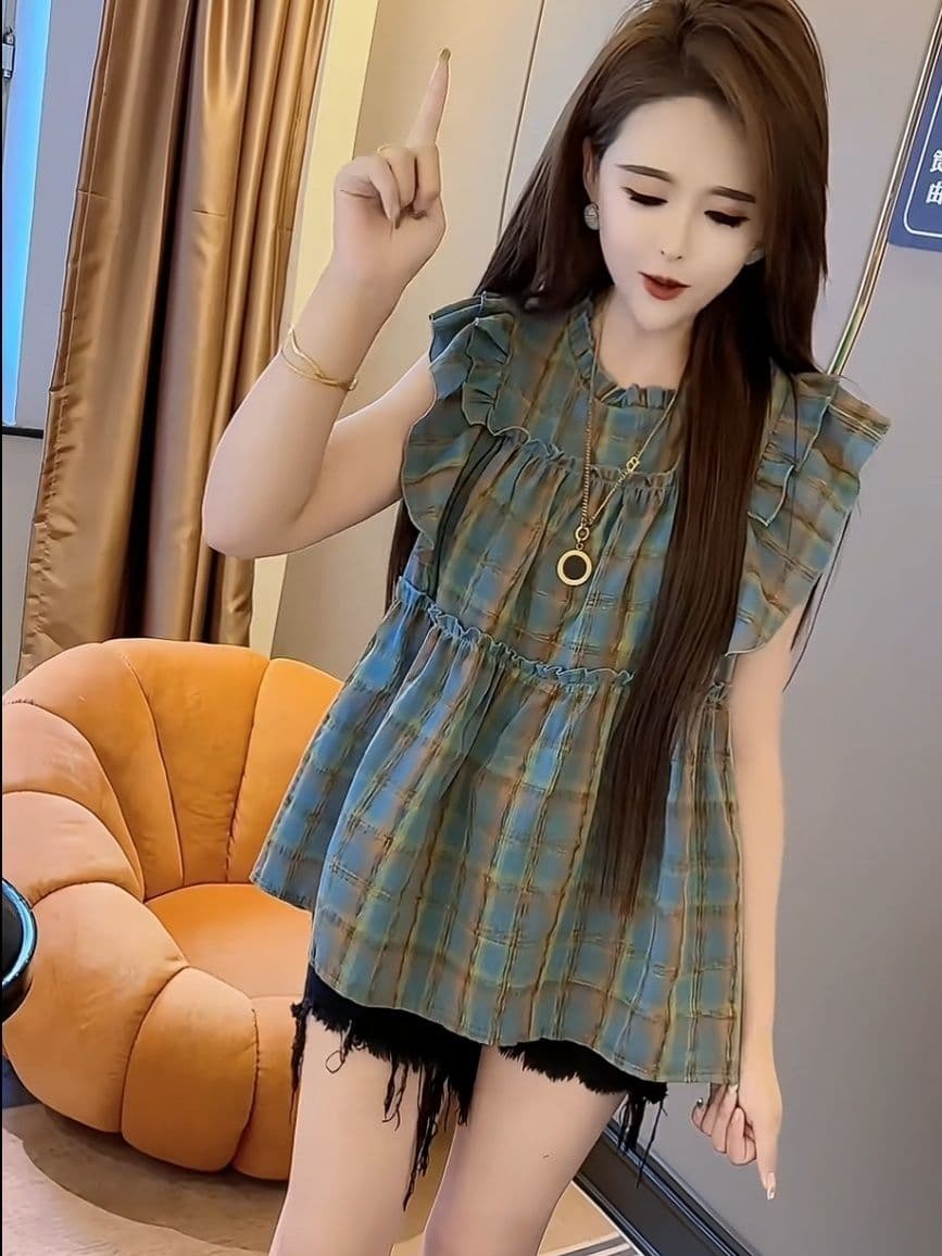 체크무늬 Feifei 소매 셔츠 여름 새로운 달콤함 루즈핏 맨위 디자인 센스 프릴 여성 인형 셔츠 상세 이미지 6