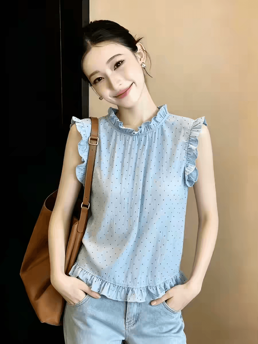 여름 드레스 새로운 빅 사이즈 여성 의류 빛 럭셔리 연령 감소 프릴 작은 청신 조끼 도트 무늬 베스트 민소매 맨위 상세 이미지 5