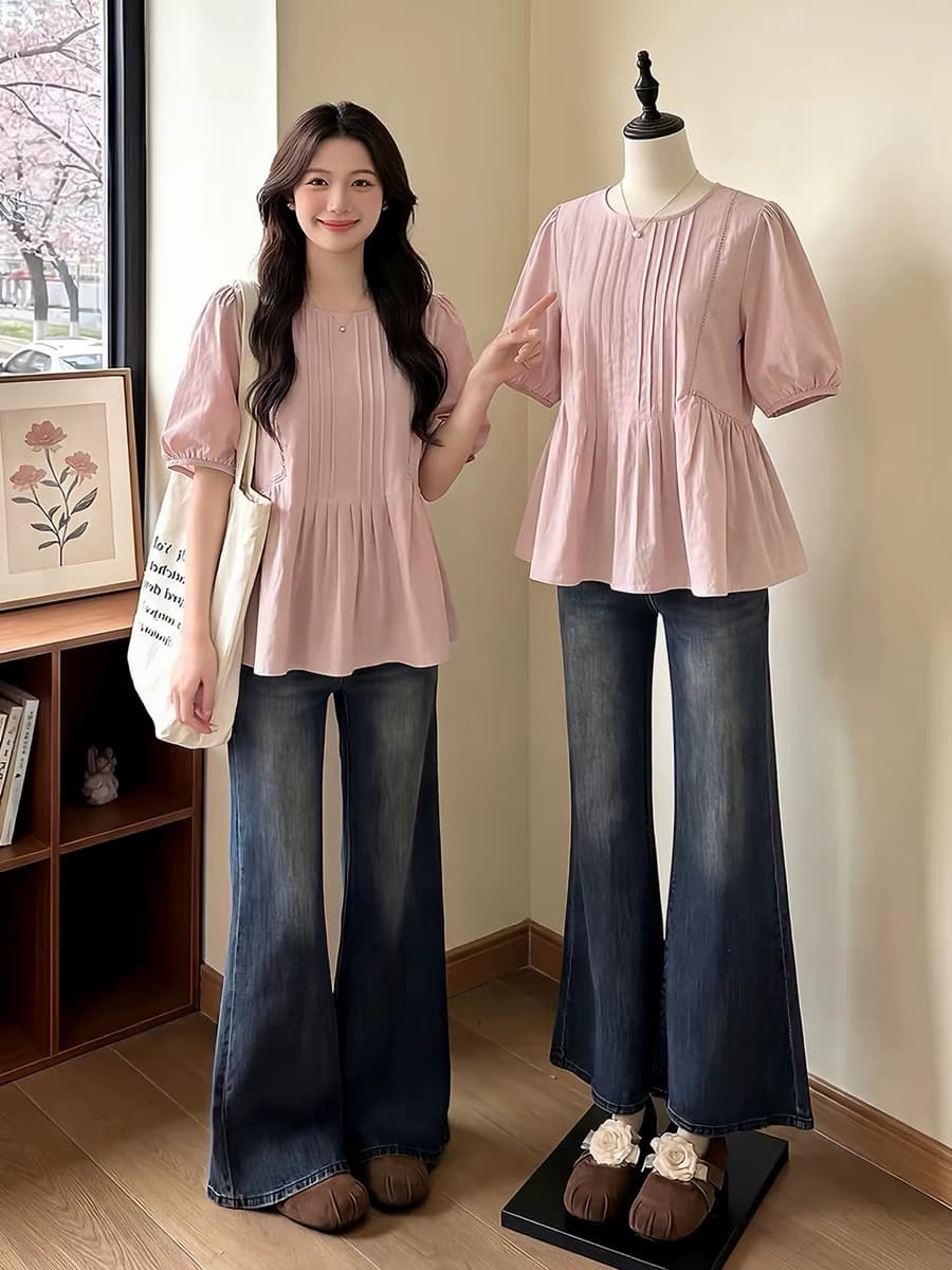 여름 드레스 새로운 작은 대중 거품 소매 주름 반팔 셔츠 여성 의류 라운드 넥 풀오버 패션 다용도 작은 셔츠 트렌디 이미지 2