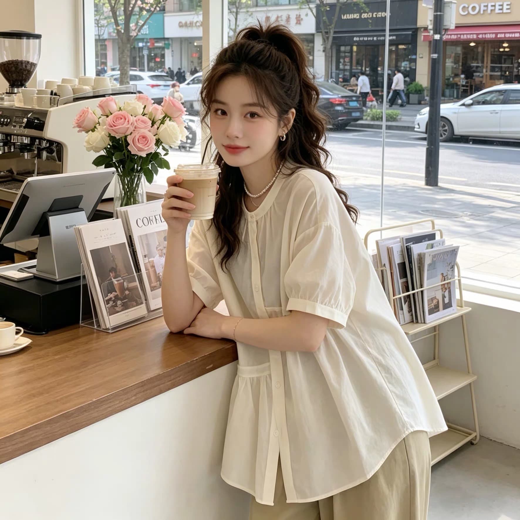 여름 드레스 새로운 주름 싱글 줄 버튼 여성 셔츠 빅 사이즈 통통한 여동생 한국 스타일 루즈핏 품격 슬림해 보이는 맨위 이미지 2