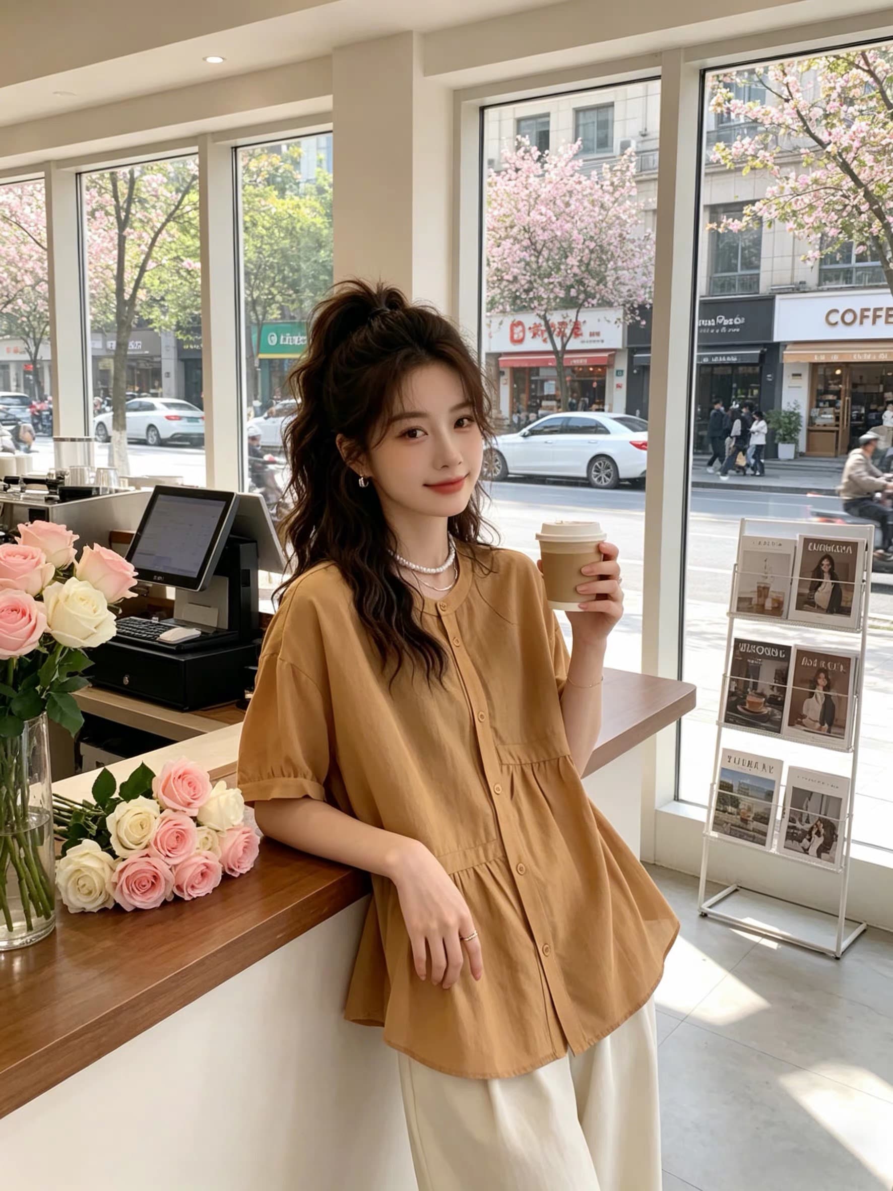 여름 드레스 새로운 주름 싱글 줄 버튼 여성 셔츠 빅 사이즈 통통한 여동생 한국 스타일 루즈핏 품격 슬림해 보이는 맨위 상세 이미지 5