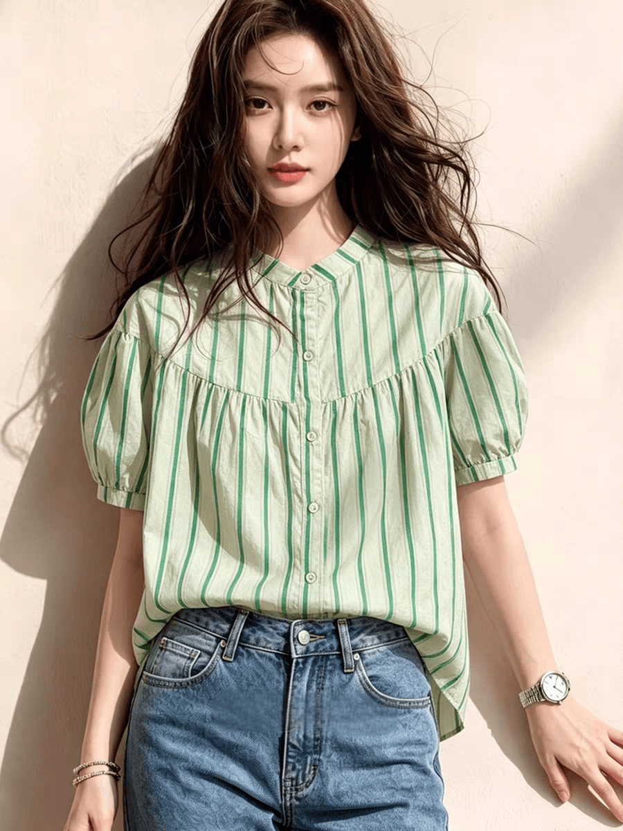 여름 드레스 새로운 스트라이프 셔츠 한국 스타일 출퇴근 스탠드 칼라 벌룬 소매 사탕 색상 반팔 인형 셔츠 이미지 4