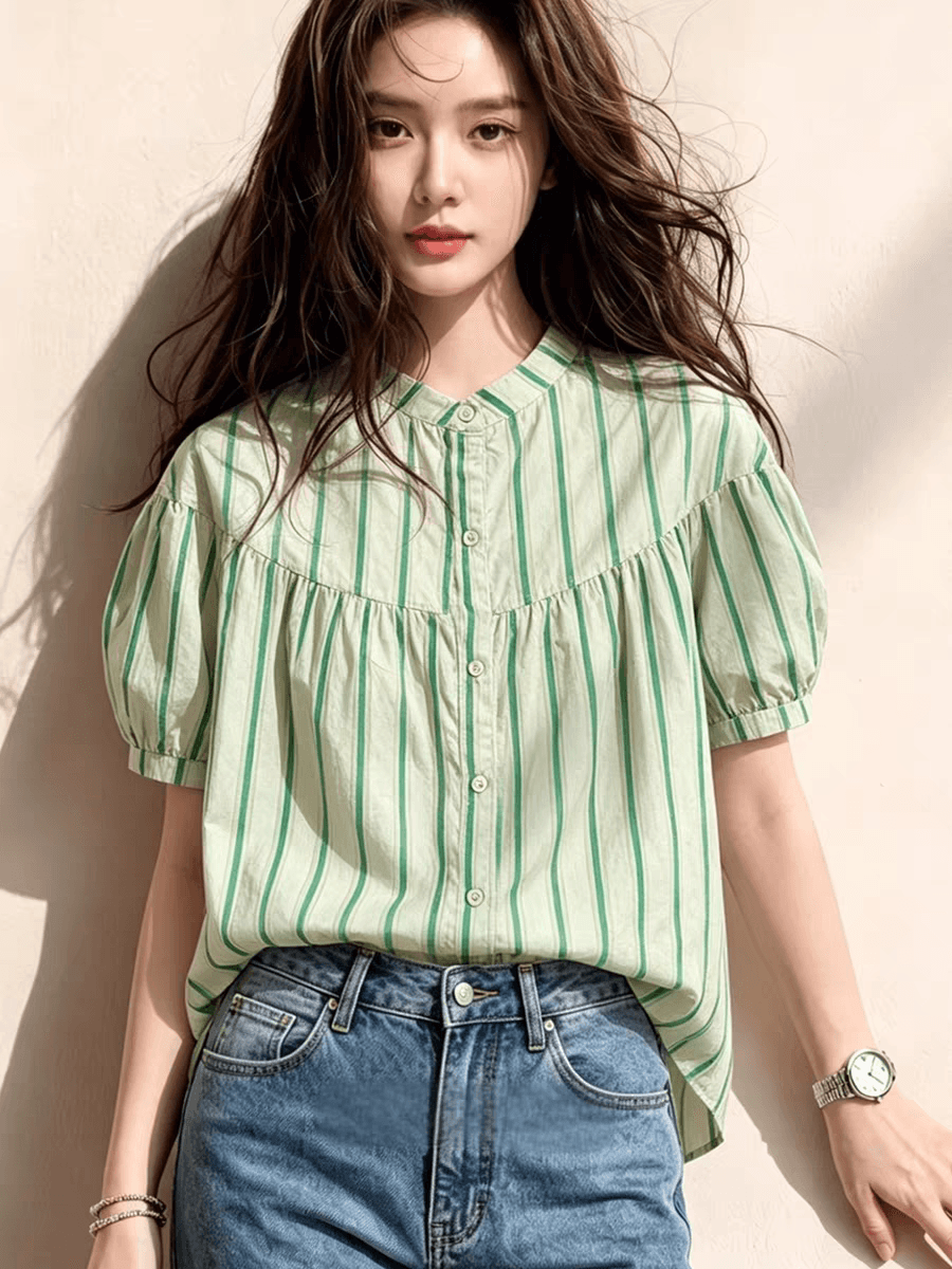 여름 드레스 새로운 스트라이프 셔츠 한국 스타일 출퇴근 스탠드 칼라 벌룬 소매 사탕 색상 반팔 인형 셔츠