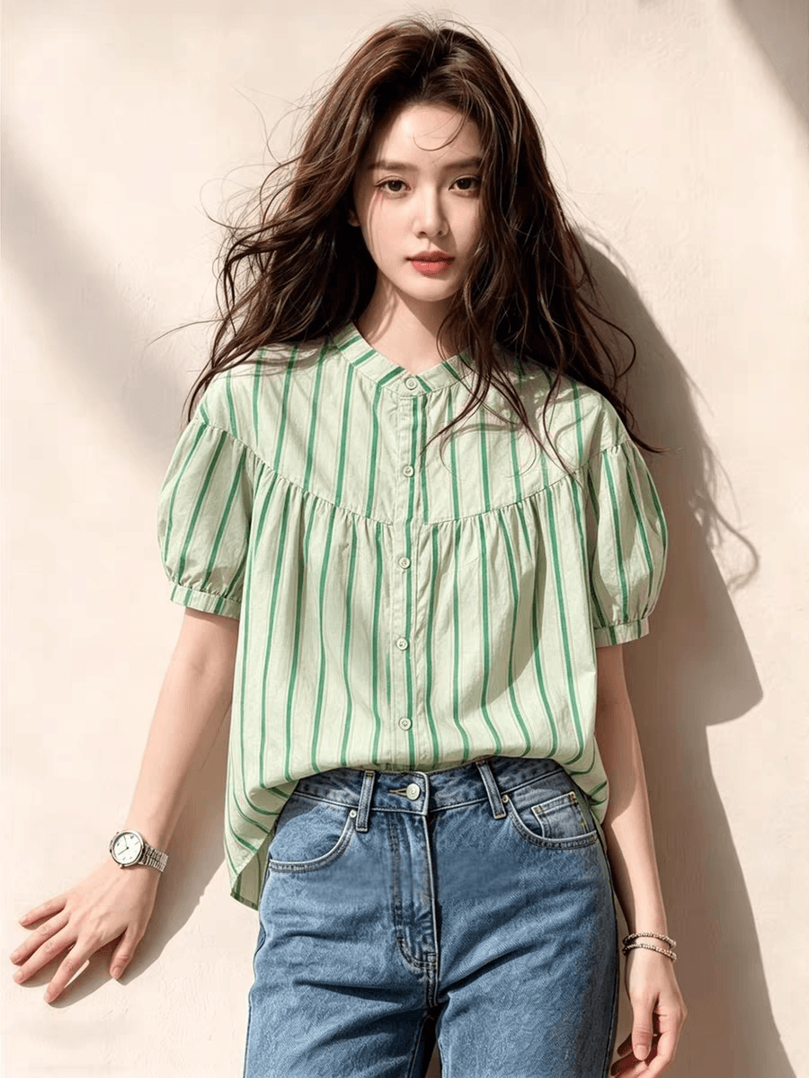 여름 드레스 새로운 스트라이프 셔츠 한국 스타일 출퇴근 스탠드 칼라 벌룬 소매 사탕 색상 반팔 인형 셔츠 상세 이미지 5