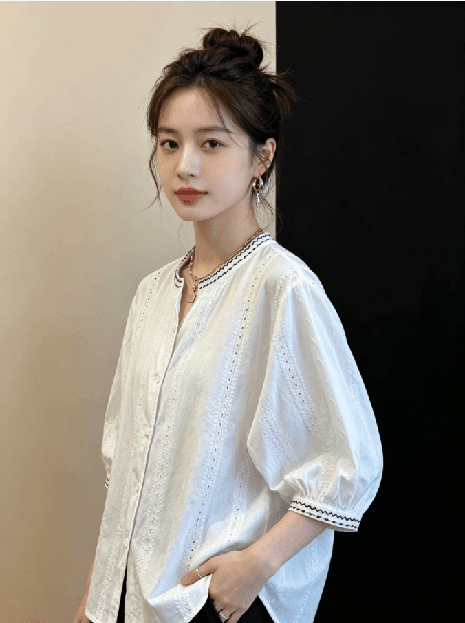 여름 드레스 무거운 작업 자수 화이트 7부 소매 여성 셔츠 새로운 루즈핏 캐주얼 외국 가스 라운드 넥 순면 작은 셔츠 맨위 이미지 4