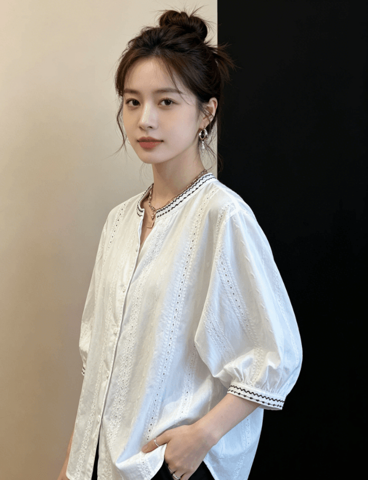 여름 드레스 무거운 작업 자수 화이트 7부 소매 여성 셔츠 새로운 루즈핏 캐주얼 외국 가스 라운드 넥 순면 작은 셔츠 맨위 상세 이미지 6