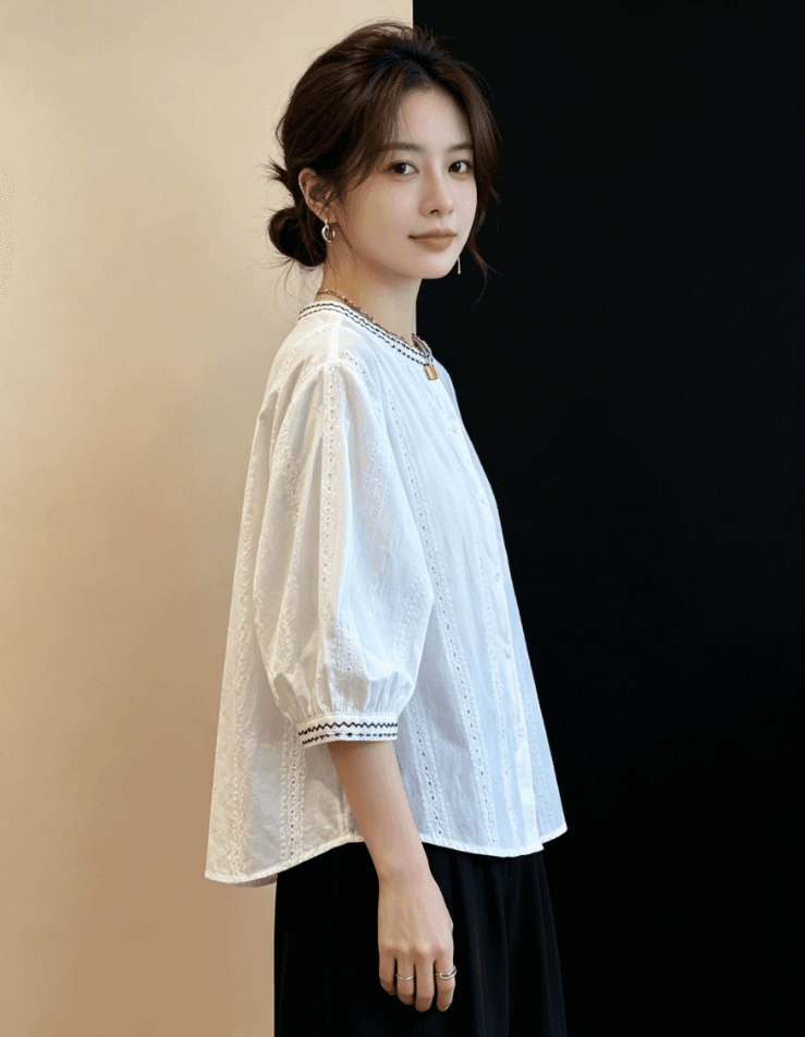 여름 드레스 무거운 작업 자수 화이트 7부 소매 여성 셔츠 새로운 루즈핏 캐주얼 외국 가스 라운드 넥 순면 작은 셔츠 맨위 상세 이미지 8