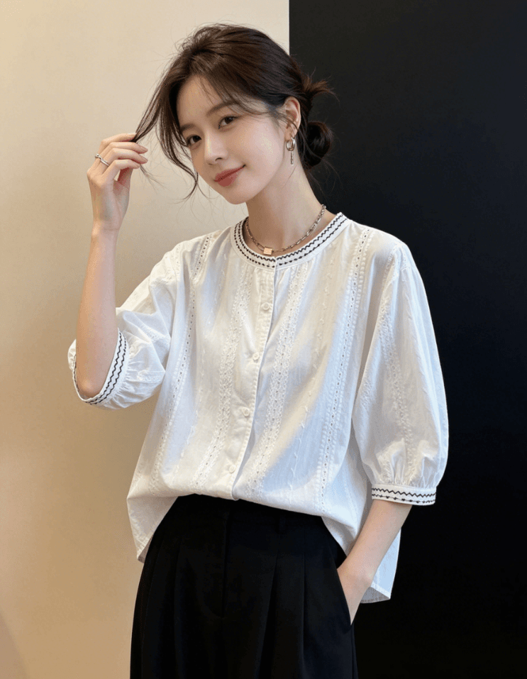 여름 드레스 무거운 작업 자수 화이트 7부 소매 여성 셔츠 새로운 루즈핏 캐주얼 외국 가스 라운드 넥 순면 작은 셔츠 맨위 상세 이미지 9