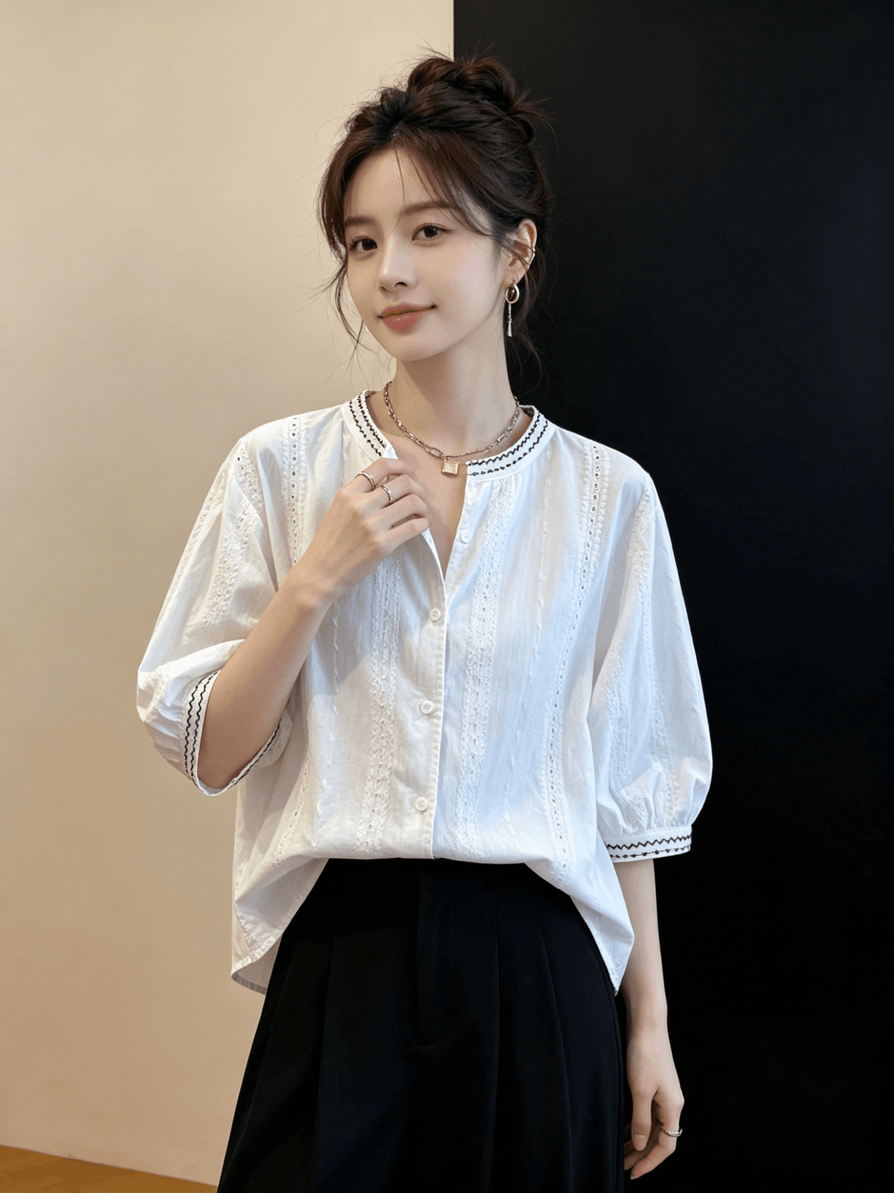 여름 드레스 무거운 작업 자수 화이트 7부 소매 여성 셔츠 새로운 루즈핏 캐주얼 외국 가스 라운드 넥 순면 작은 셔츠 맨위 상세 이미지 11
